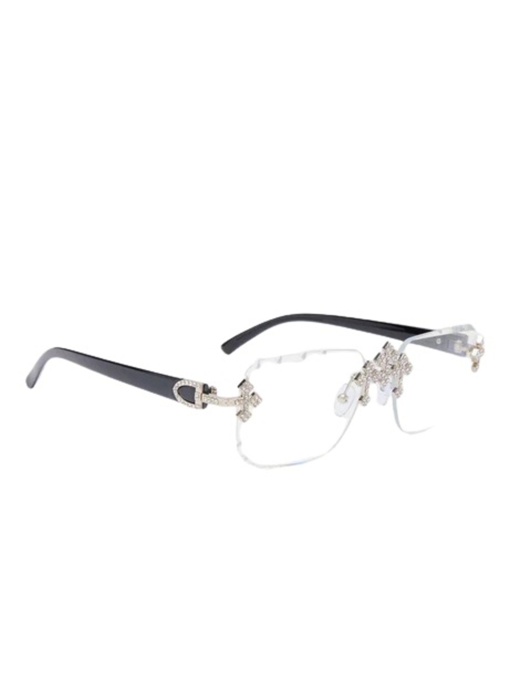 •Believe It• Rimless Rhinestone Cross Glasses Clear Lens Y2K Glam Frames - Picture 3 of 3